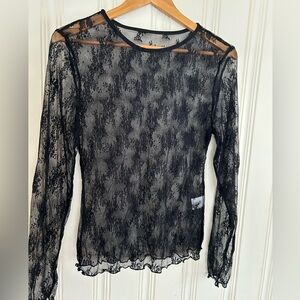 Black XL Mesh Sheer Long Sleeve Top Floral Lace Dark Romance Whimsigoth Fairy
